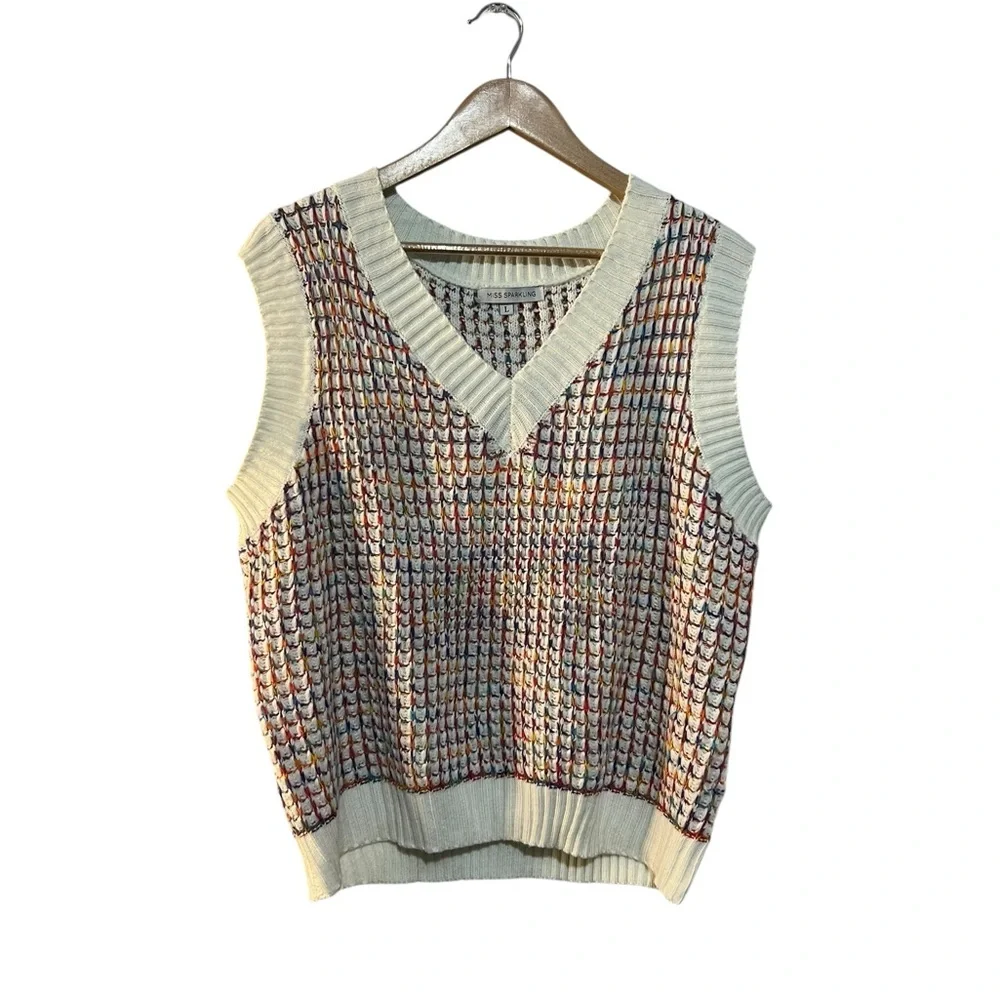Miss Sparkling Knit V‑Neck Sweater Vest Size Large Multicolor Yarn